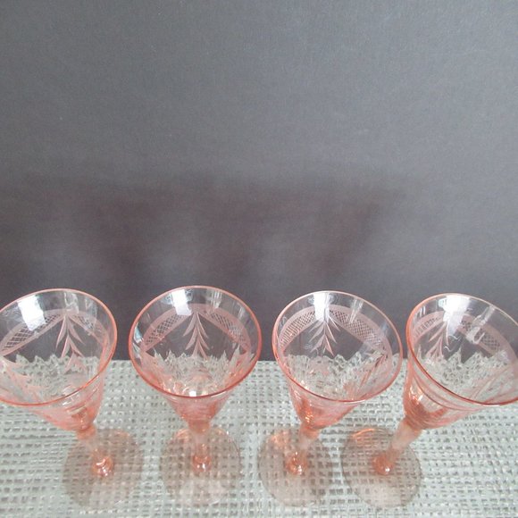 Vintage Crystal Pink Beveled Etched Wine Glasses Set of 4 - 7" Tall - Picture 3 of 14
